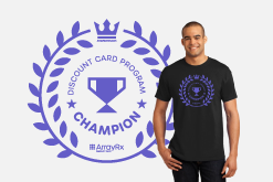 A man wearing a black shirt with the Discount Card Program Champion logo on it