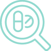 An icon of a magnifying glass with a pill in the center